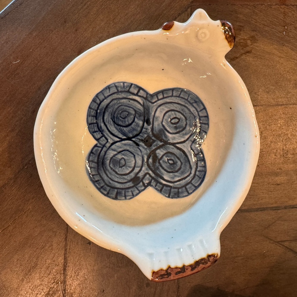 Otagiri Japan Handcrafted Stoneware Dish Blue Geometric Bird Handle Vintage